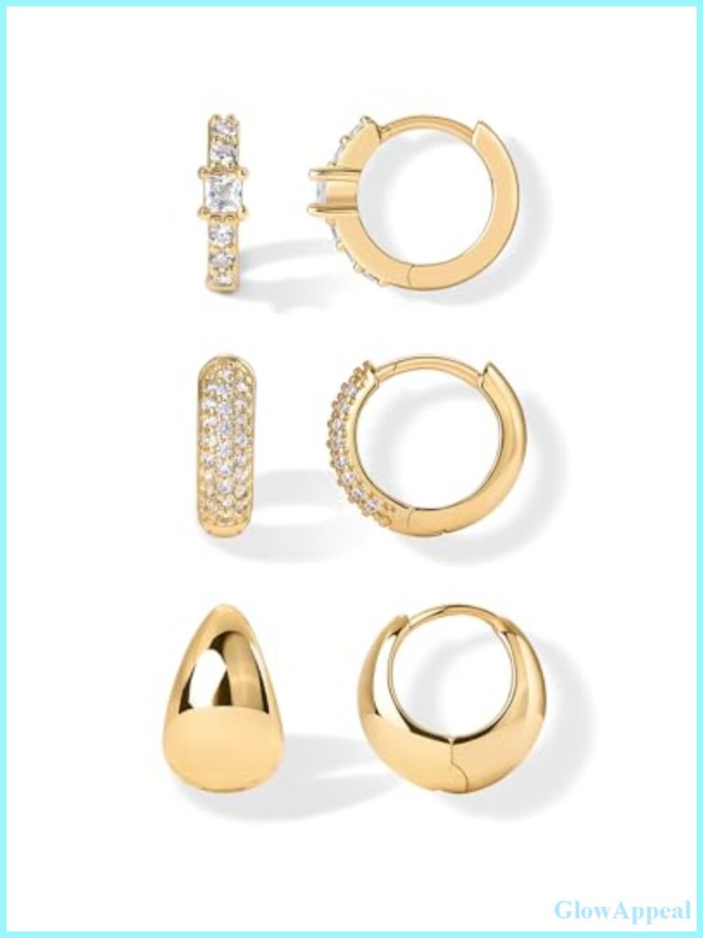 Gold Plated Huggie Hoop Earring Trio Set for Women CZ